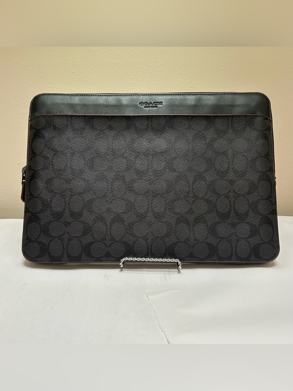Coach Signature Monogram Laptop Sleeve with Leather Trim Black Oxblood F66552